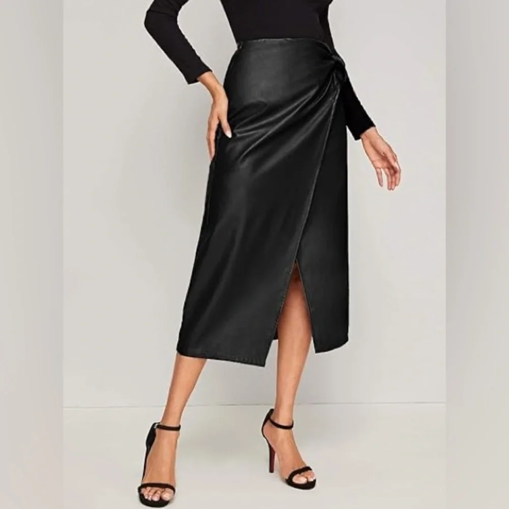 SweatyRocks Elegant High Waist Knot Side Wrap PU Leather Midi Skirt Black